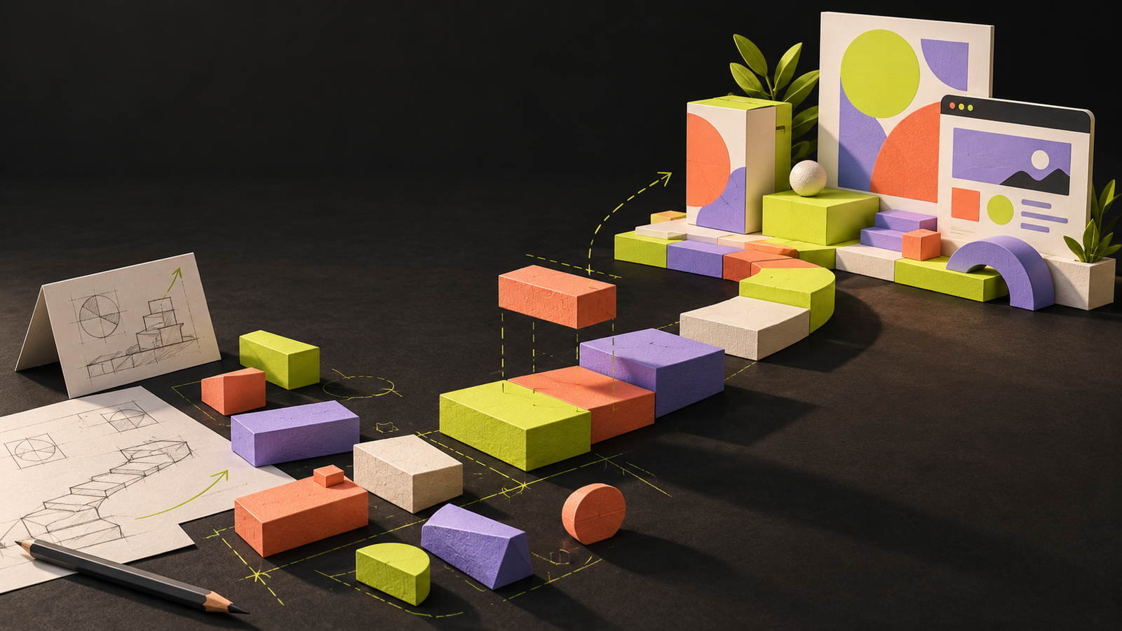 Diseño, noticias y tutoriales 19 Ilustración generada con IA: un camino de bloques en construcción conecta un boceto con un empaque, un cartel y una web