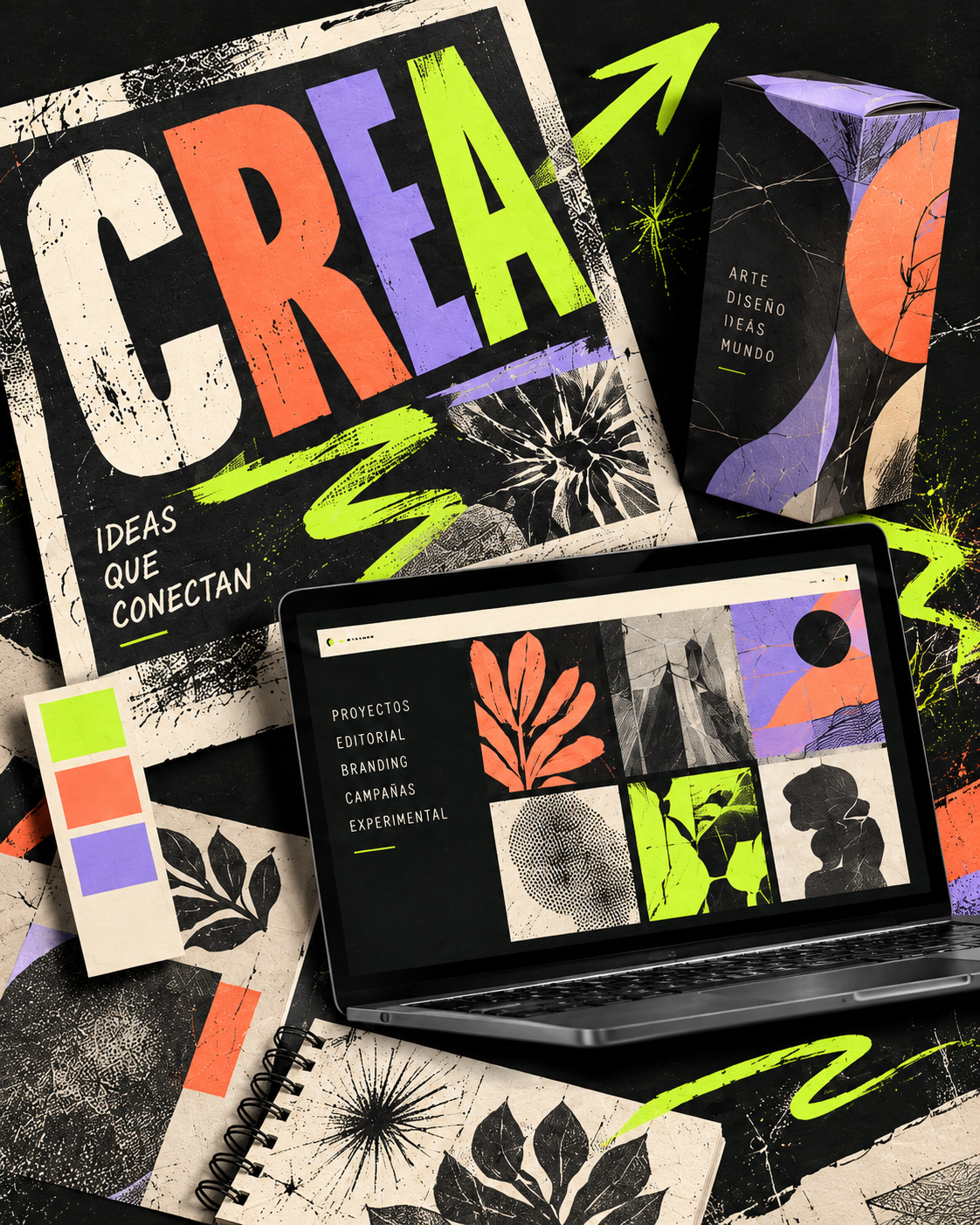 Diseño, noticias y tutoriales 9 Collage editorial generado con IA de piezas de una identidad visual