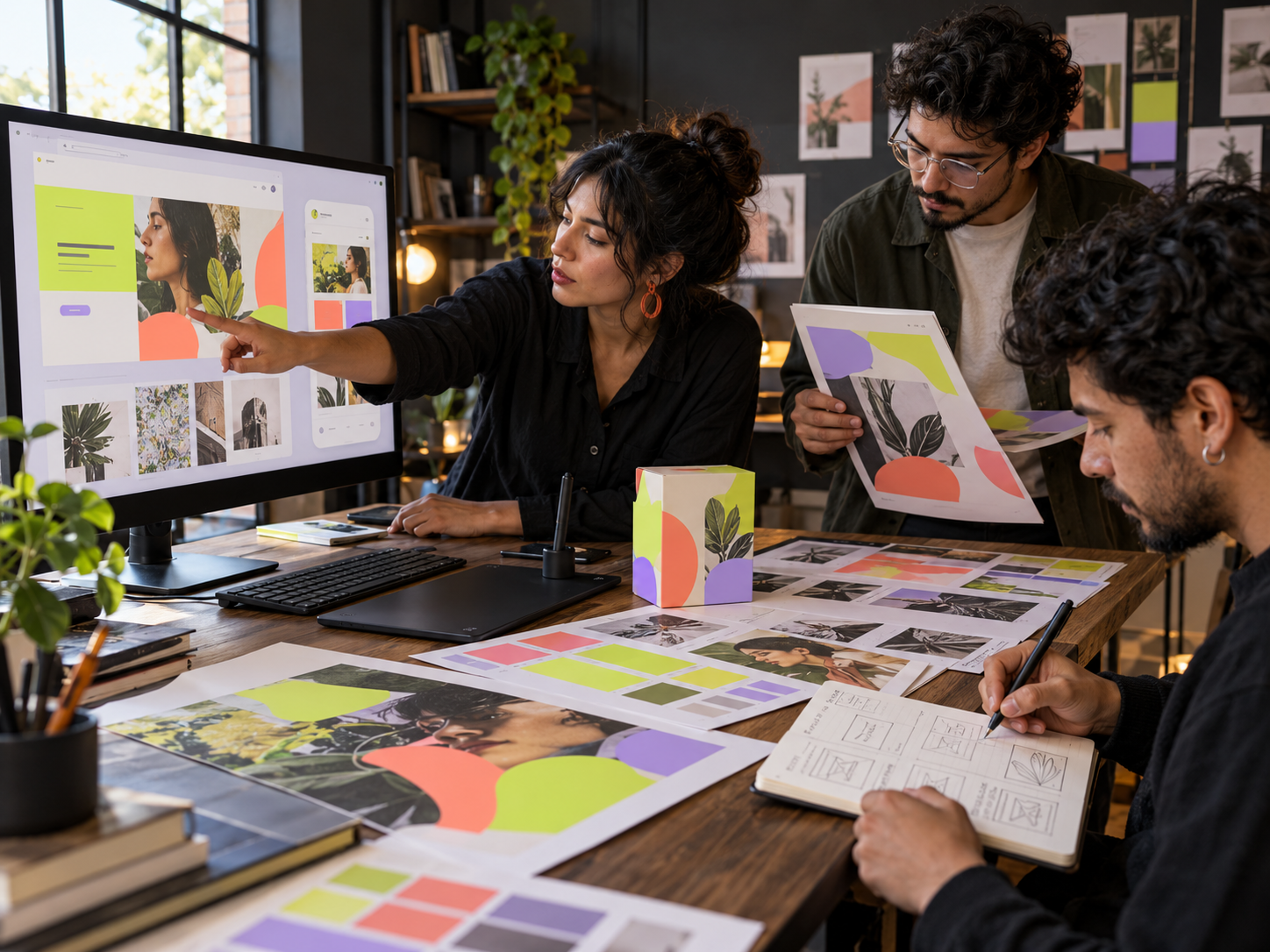 Escena ilustrativa generada con IA: profesionales revisan una identidad visual, un empaque y una campaña web; no representa al equipo real